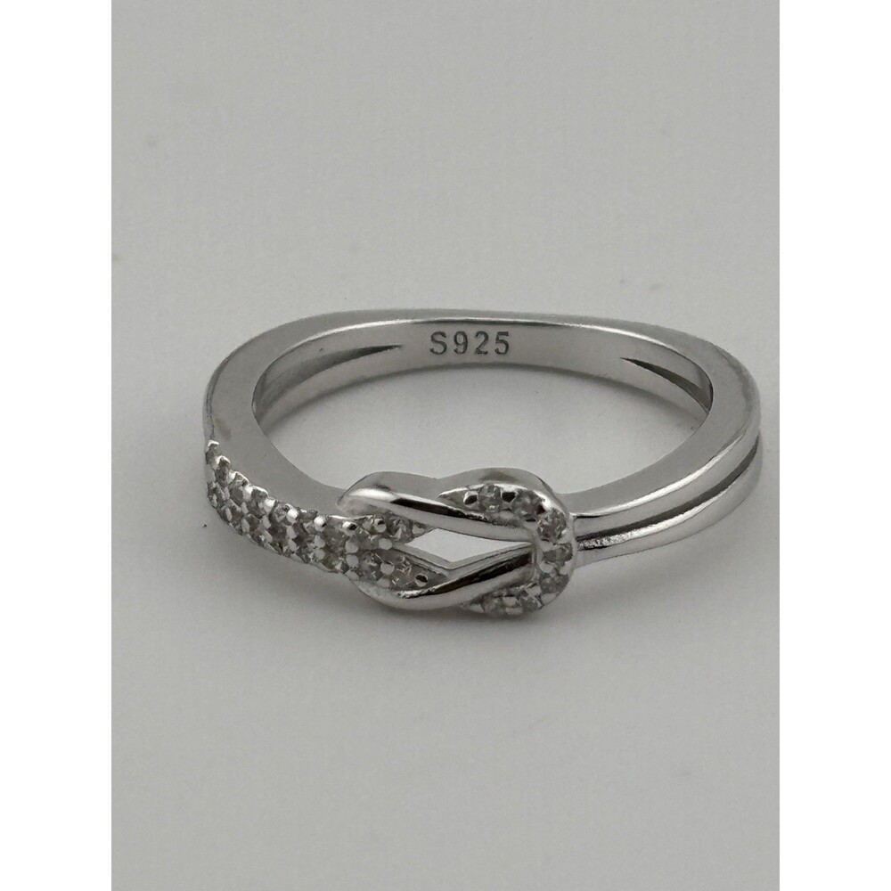 S925 Sterling Silver Buckle Love Knot Ring CZ Stones Size 7 w/ Gift Box